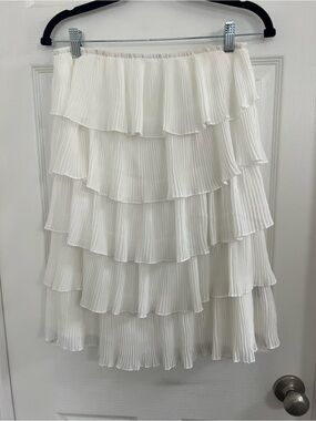 White Pleated Tiered Ruffle Strapless Midi Dress Smocked Tube Bohemian size med